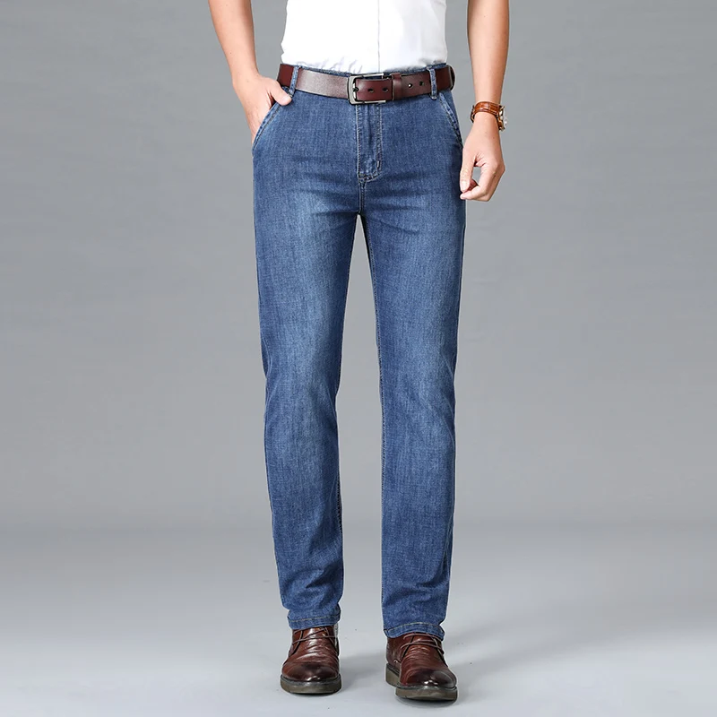 Jeans d'été minces pour hommes, droits, d'âge moyen, affaires, décontracté, tout match, bureau, tenue de soirée classique, fjadt