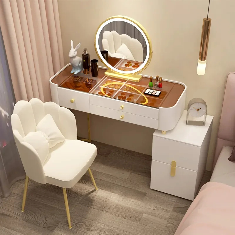 Luxury Storage Vanity Table Study Women Mobile Mirror Vanity Table White High End Coiffeuse De Chambre Bedroom Home Decoration