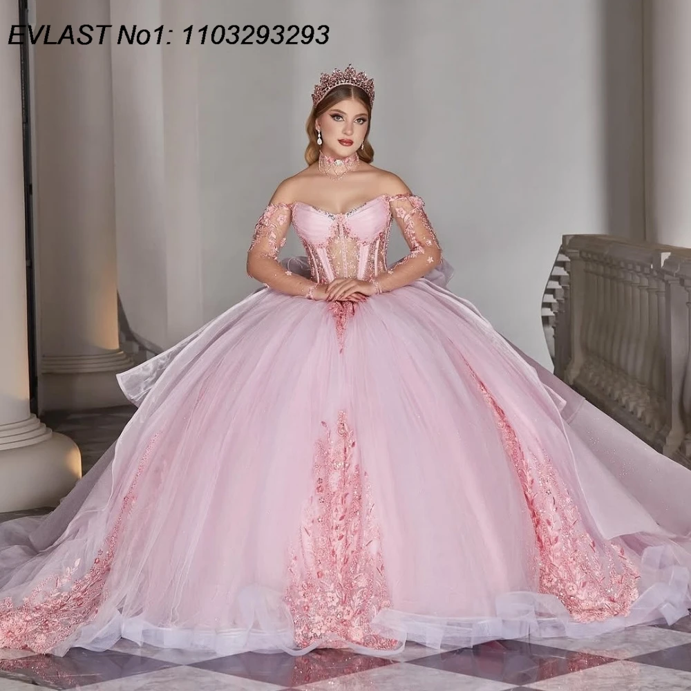 

EVLAST Customized Mexican Pink Ball Gown Quinceanera Dress Floral Applique Beaded Bow Tiered Sweet 16 Vestidos De 15 Anos E1Q874