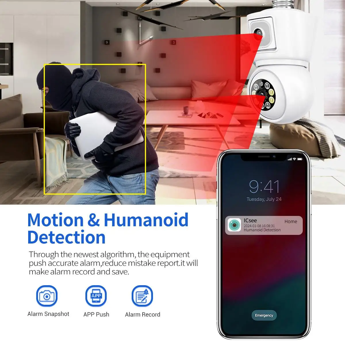 ワイヤレス監視カメラ,デュアルレンズ,qf202,e27,2*2メガピクセル,wifi,ptz,カラー,ナイトビジョン,ソルド検出,双方向