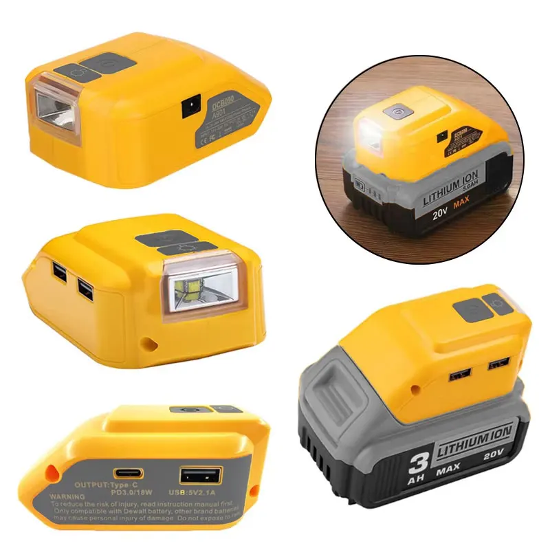 

USB Adapter with 140lm LED Work Light for Dewalt 18V 20V Li-ion Battery,Portable Power Source Converter with USB Type-C DC 12V
