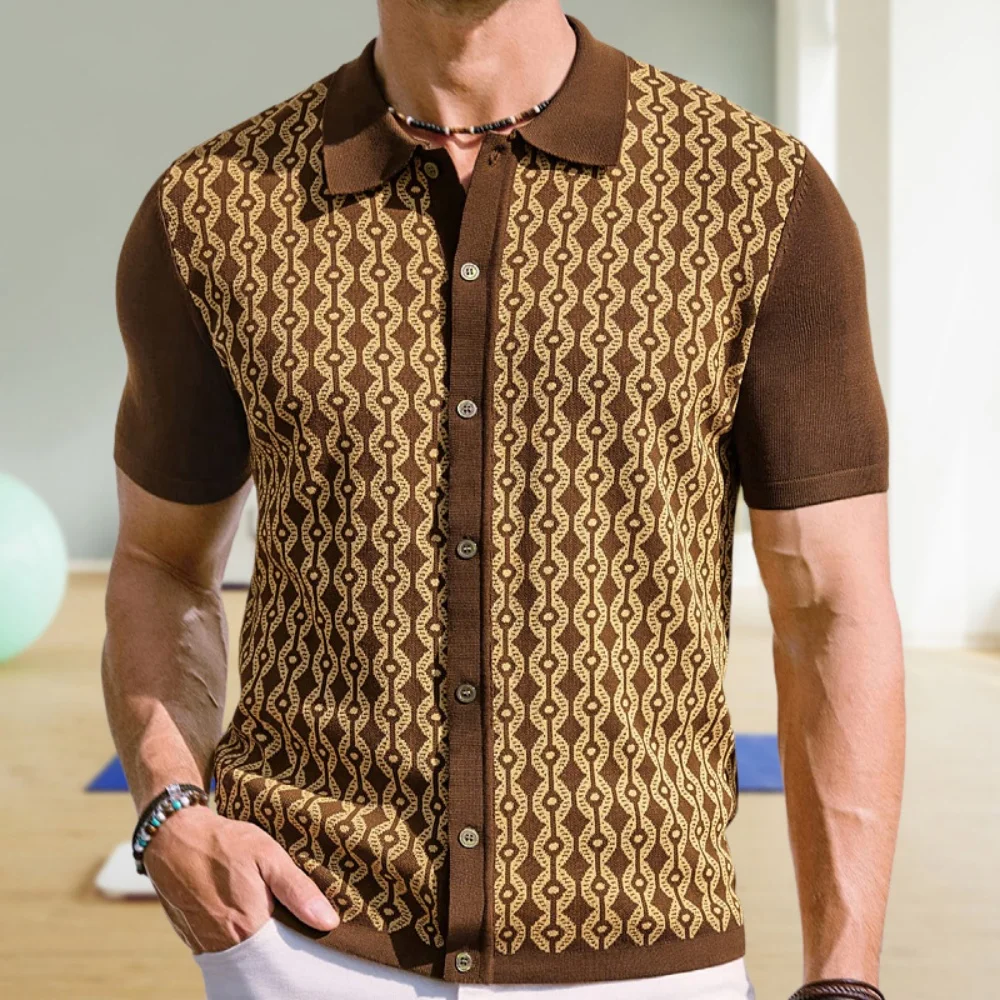 Business Casual Lapel Jacquard Cardigan Polo Shirts, High-quality Short-sleeved Knitted Shirts for Men in Summer, Men Clothing
