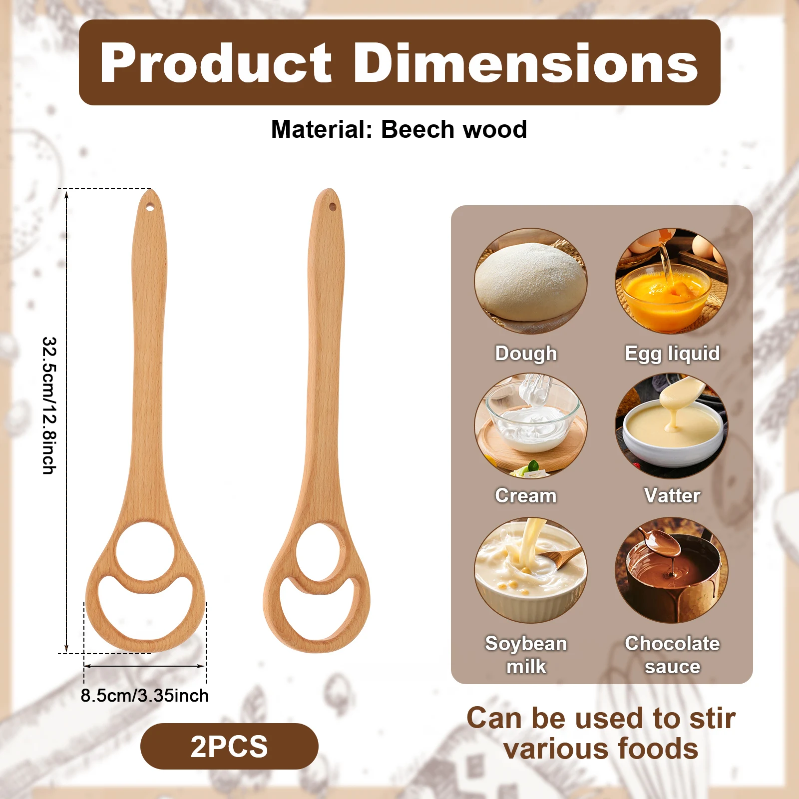 2Pcs Wooden Danish Dough Whisk 12.8in Sourdough Bread Whisk with Flow Through Design Sourdough Mixer Tool for Cake Batter Fix
