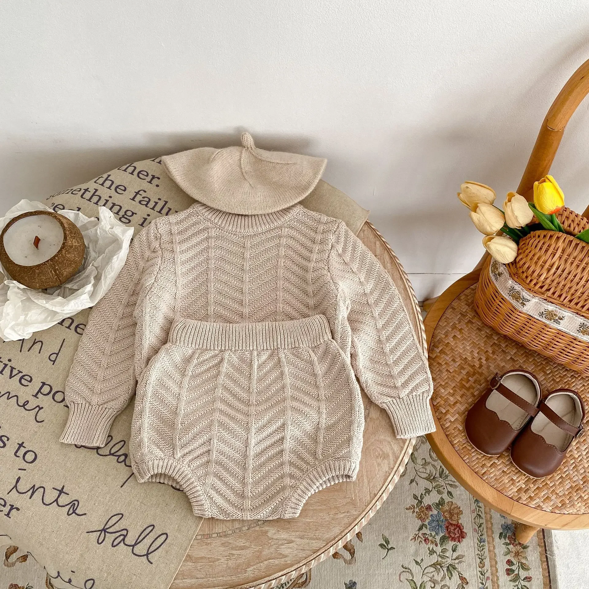 Two Pieces Autumn Knitted Loungewears for 0-3Y Baby Girls Grey Wave Shaped Pullover Shirts Sweaters Shorts Kids Outwears