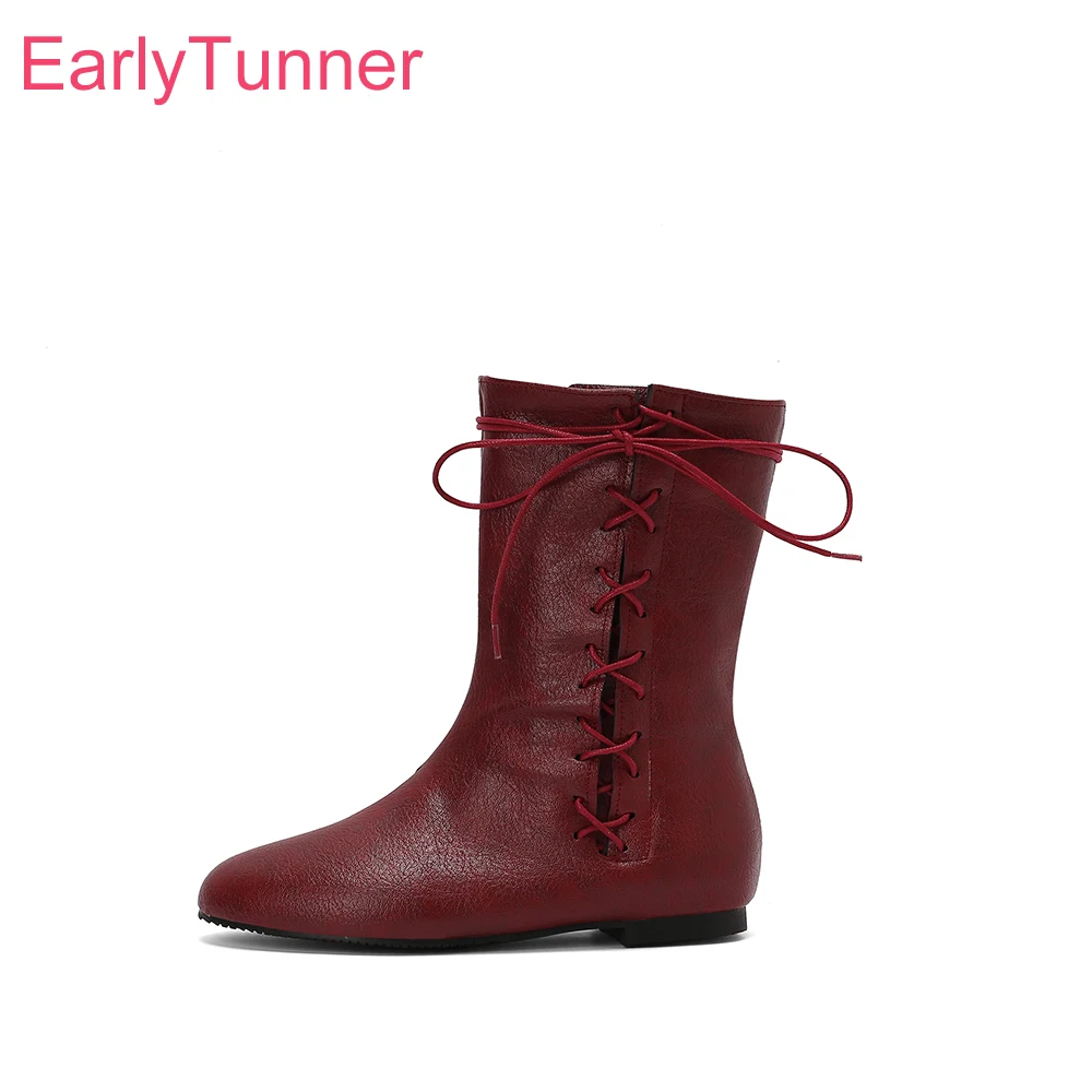 

2025 Winter New Comfortable Wine Red Black Women Mid Calf Boots Round Toe Flat Lady Nude Shoes Plus Big Size 43 45 48