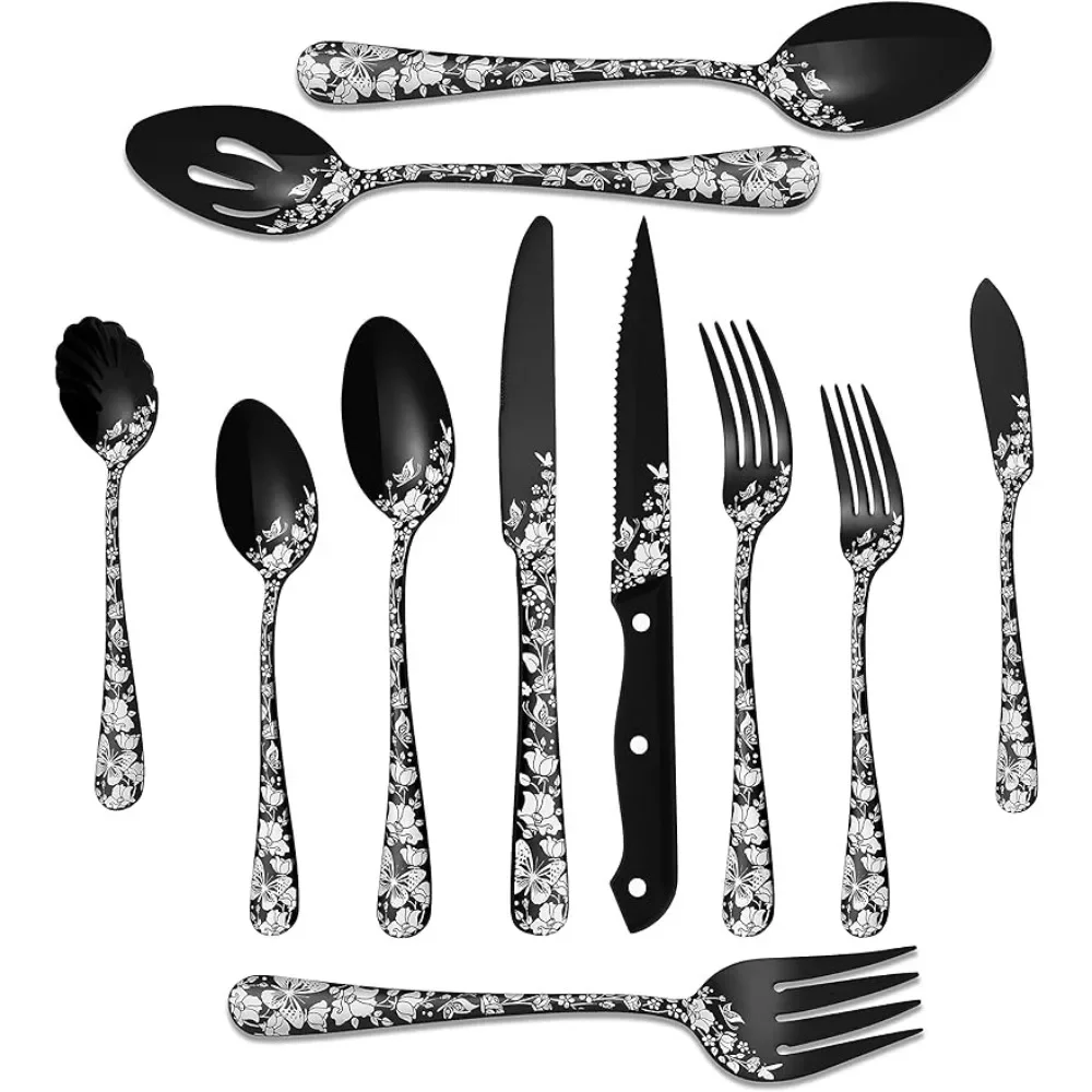 

53-Piece Black Silverware Set with Serving,Flatware for8,Stainless Steel Cutlery Tableware,Fork Spoon Knife Sets,Dishwasher Safe