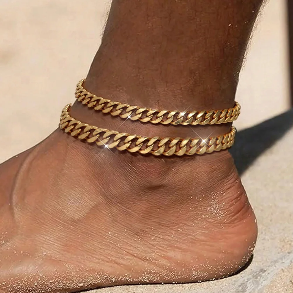2 Stück Edelstahl Vergoldete Kubanische Kette Fußkettchen für Damen und Herren, Modischer Einfacher Sommer-Strand Stapelbarer Fußschmuck Geschenk – Detail 2