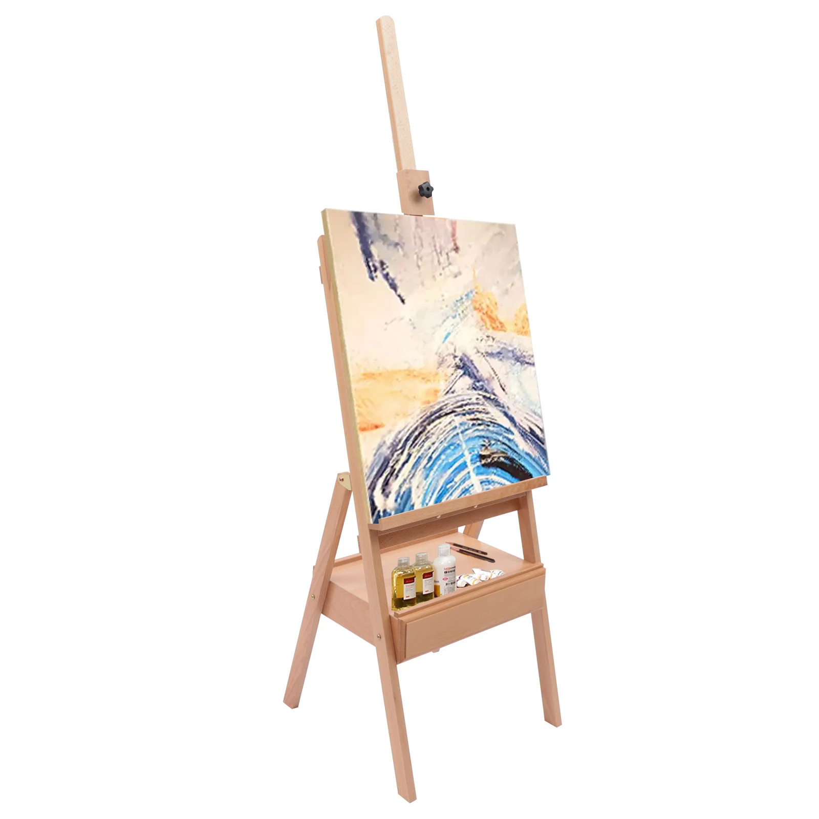 Premium Wooden French Sketchbox Easel with Drawer  Signature Box Floor Easel, Beech Wood 45 x 45 x 154-198 cm (LxWxH)