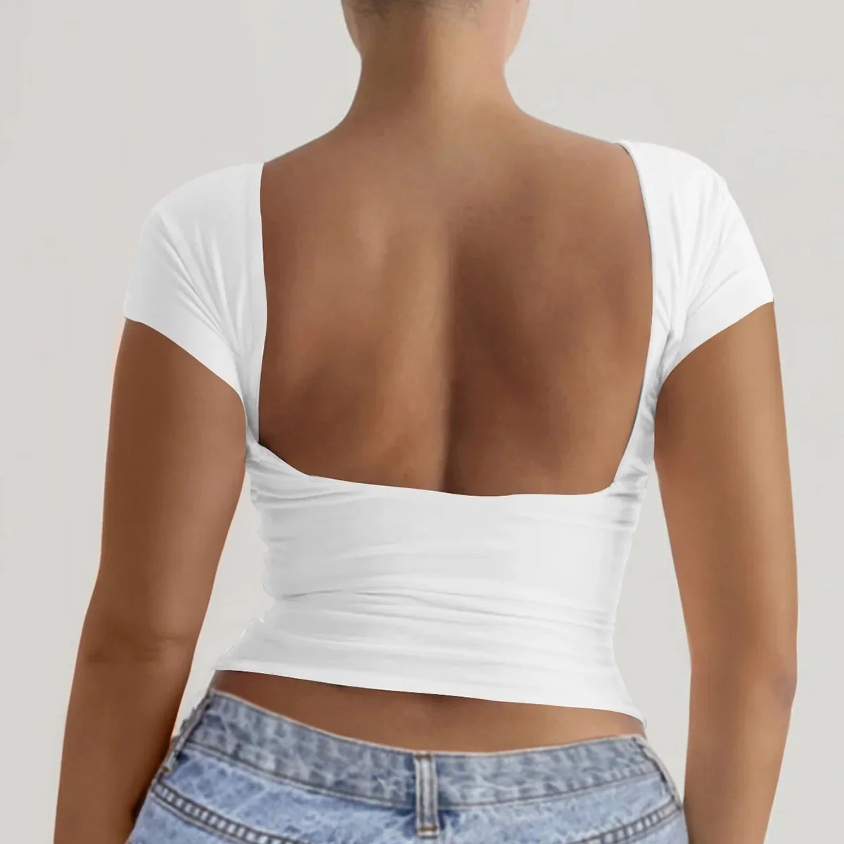 2025 여름 새로운 여성 티셔츠 솔리드 컬러 섹시 슬림 피트 오픈 백 반팔 탑 여성용 섹시 슬리밍 Y2K Ladies Tops