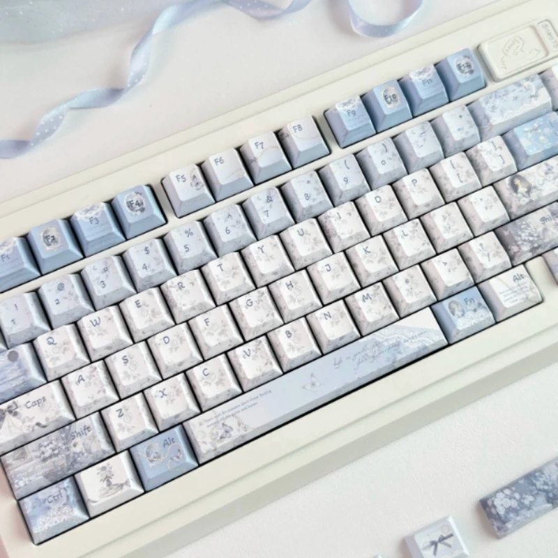 Misty Blue Flower Paper Keycaps Set Custom PBT Sublimation New Cherry Profile Keyboard Caps for Mechanical Keyboard Accessories