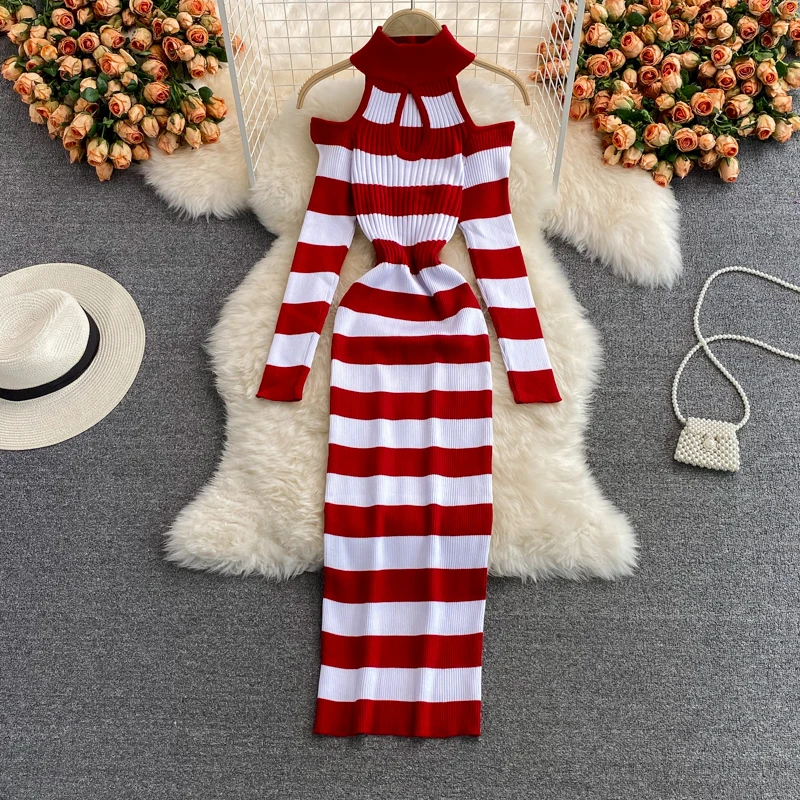 Autumn Women Chic Sexy Off-shoulder Hollow Bodycon Hip Wrapped Knitted Stripped Dress Winter Elastic Ady Party Sweater Dresses