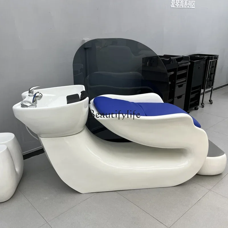 Ceramic Basin Barber Shop Shampoo Chair High-Grade for Hair Salon Lying Half Massage Flushing Bed