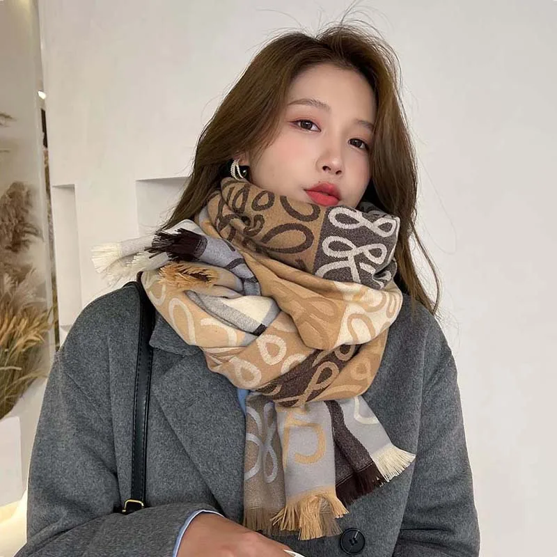 Novelty Elegant Bowknot Jacquard Acrylic Cashmere Scarf Shawl Women Autumn Winter Fashion Color Match Neckerchief Long Muffler