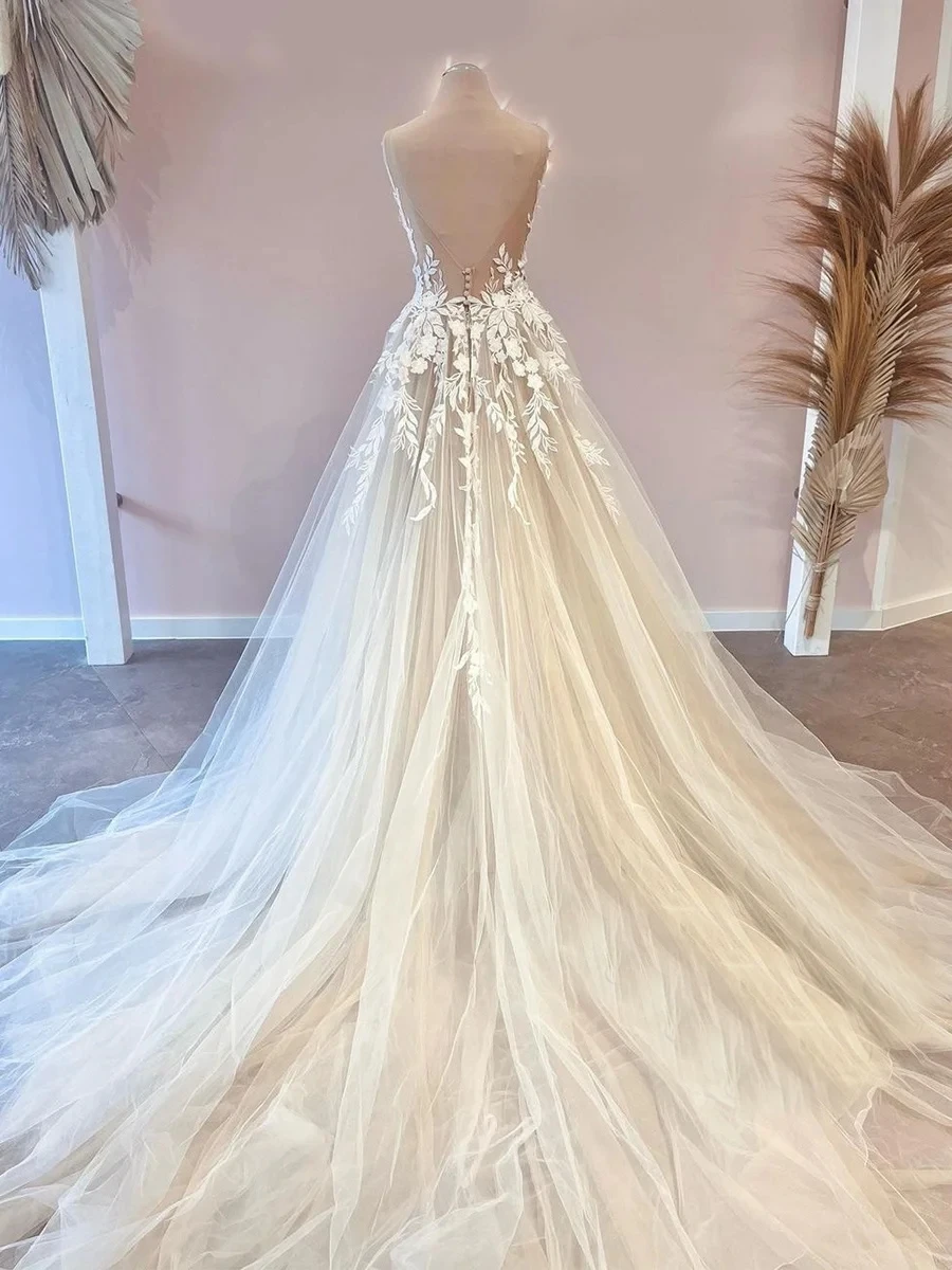 Boho Illusion Wedding Dresses Woman's A Line Sweetheart Appliques Ball Gowns Fuffy Tulle Formal Bride Party Vestidos Para Mujer