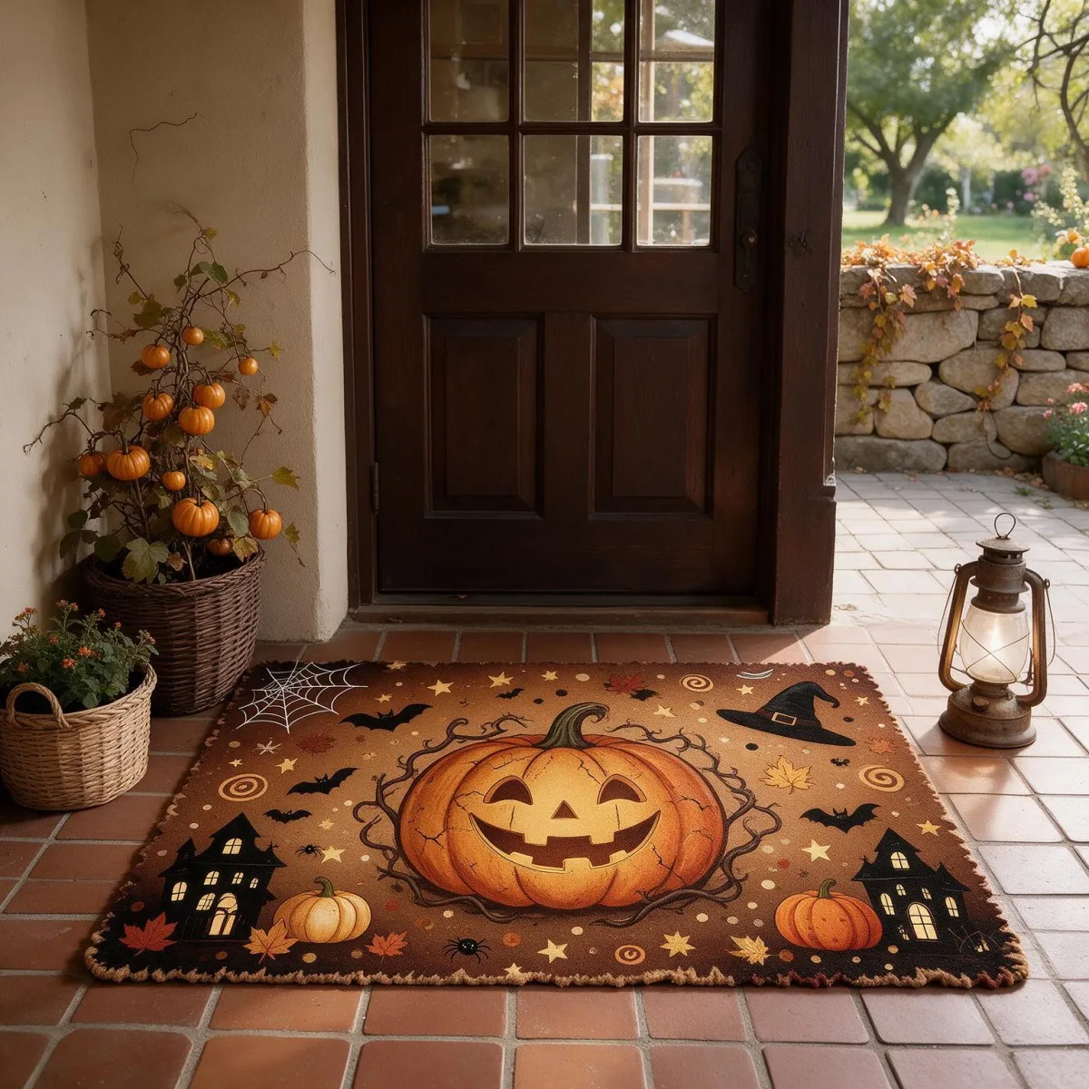 Tappetino quadrato per l’ingresso, ideale per Halloween, in morbido pile felpato con motivo stampato a tema festivo, fondo in PVC spesso, assorbente e antiscivolo, adatto per l’ingresso, il bagno e il