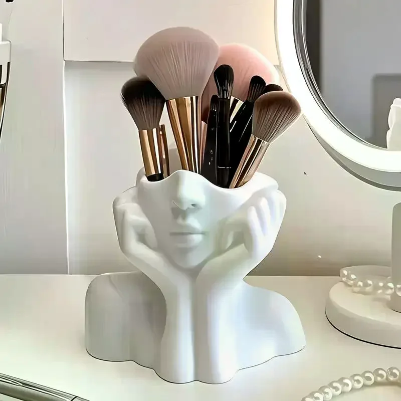 Creative Makeup Brush Holder Human Face Art Desktop Decoration Large Capacity Pencil Holders Storage Organizer Flower Vase Home
