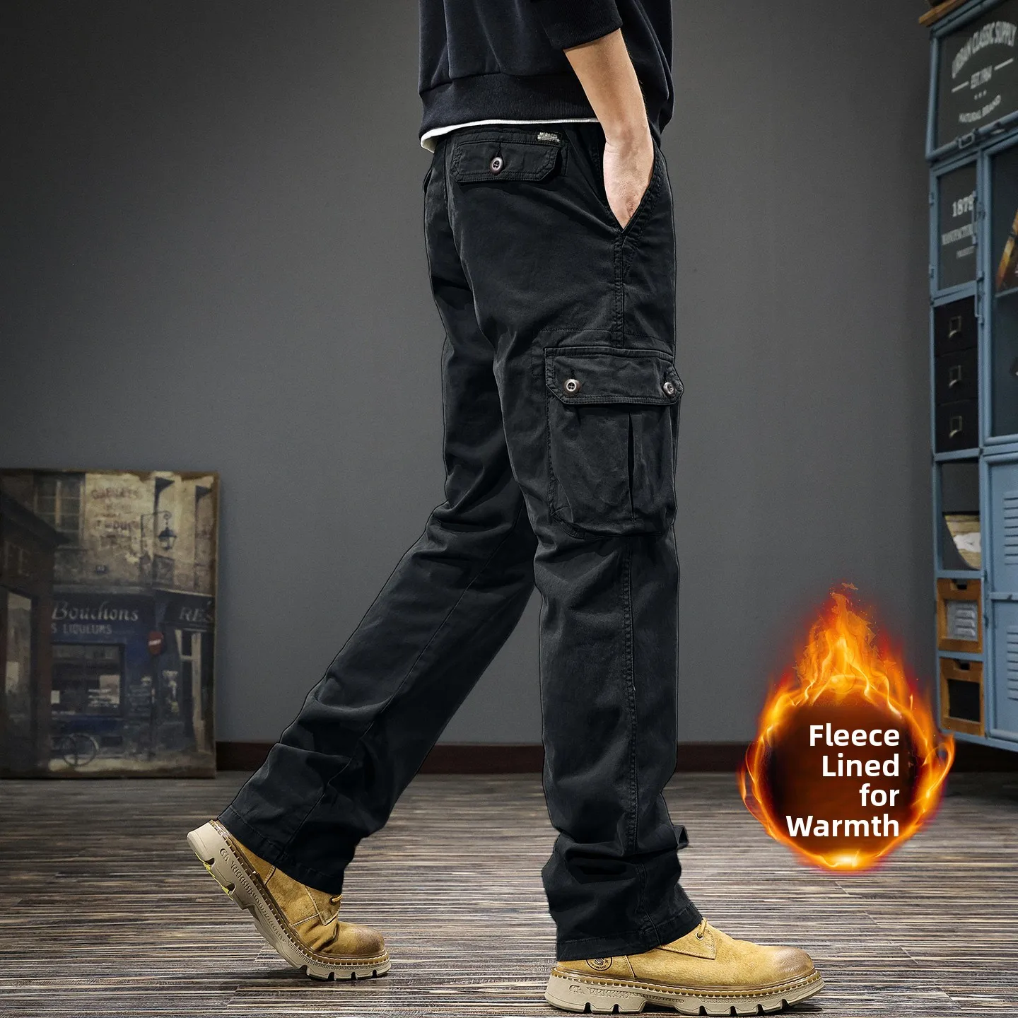 

Мужские повседневные брюки в американском ретро-стиле, зима 2025, новая модная коллекция, на флисовой подкладке, свободный крой, рабочая одежда, прямые брюки