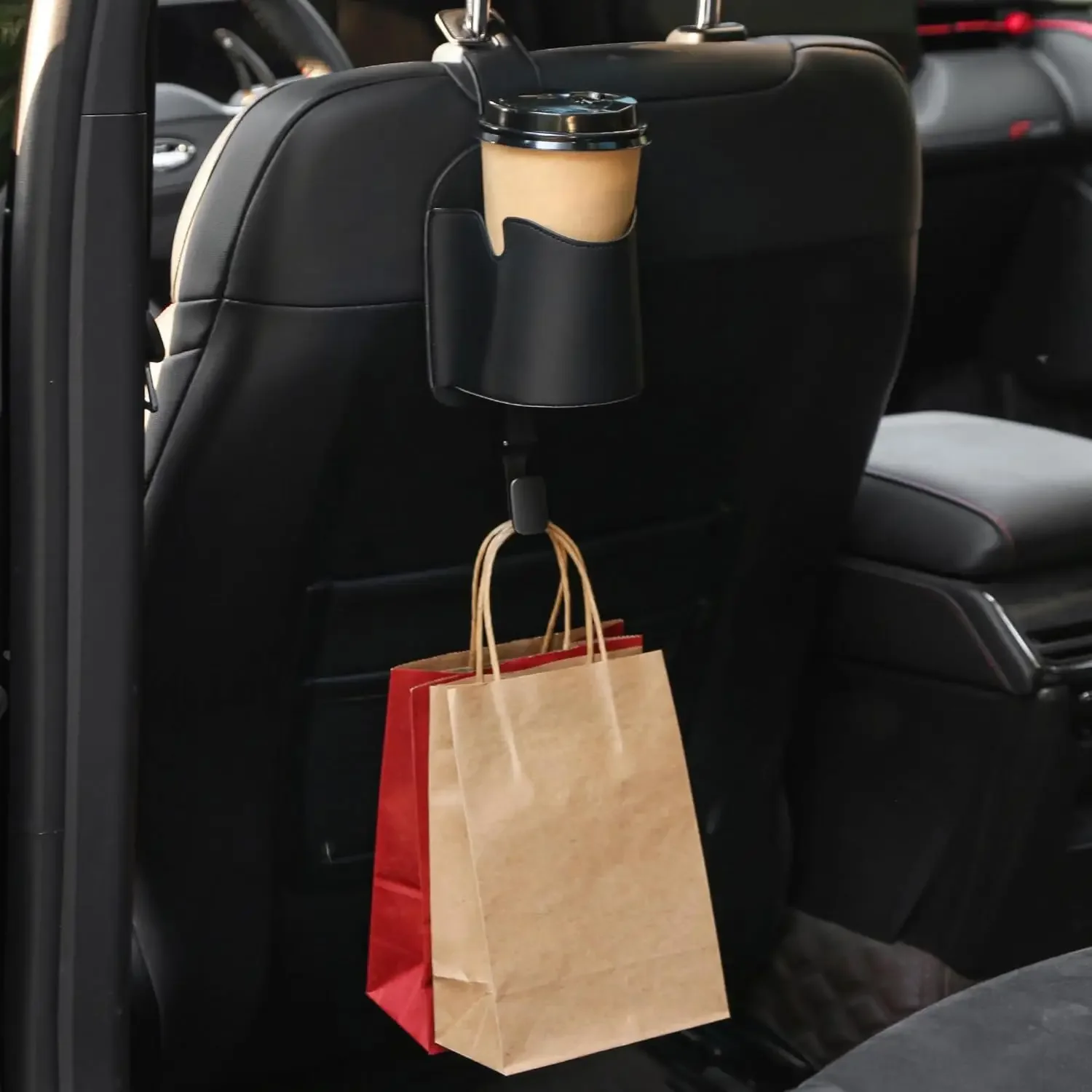 3-in-1 Car Cup & Phone Holder with Seat Back Hook, Black Travel Accessory