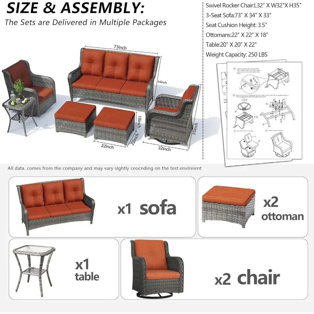 Patio Furniture Set 6 Piece Set with 1 Three-Seat Sofa, 2 Swivel Rocker Chairs, 2 Ottomans and 1 Side Table