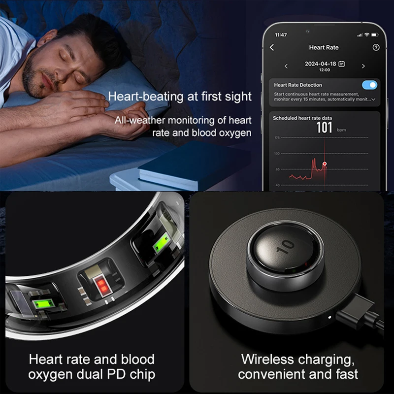 R10 Smart Ring Men Women with Wireless Charging,Health and Sleep Monitor,5ATM Waterproof, Multi-sport Mode For Android IOS Phone image 4