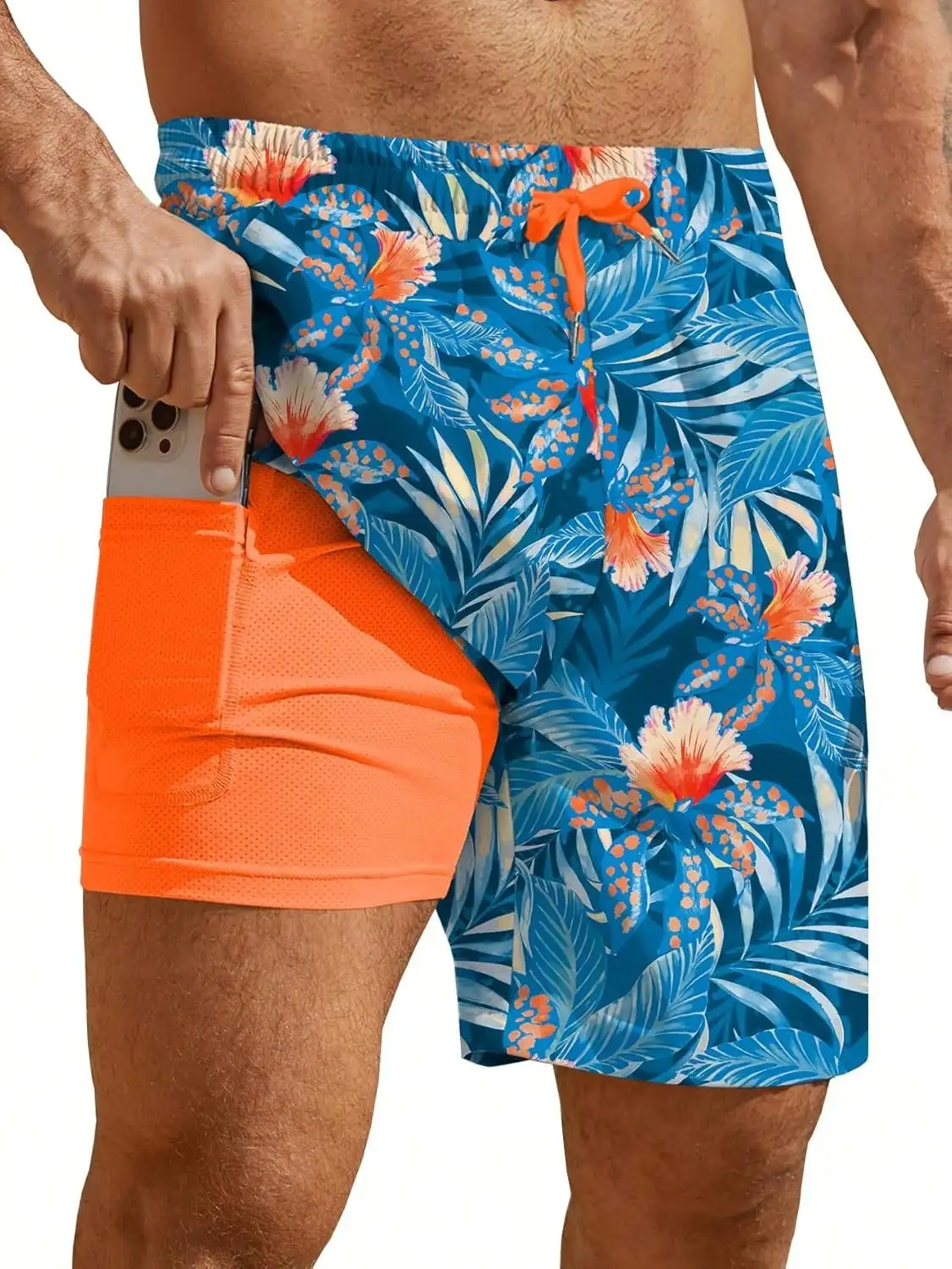 

Men's 2-In-1 Swim Trunks With Compression Liner And Pockets, Beach Surfing Shorts