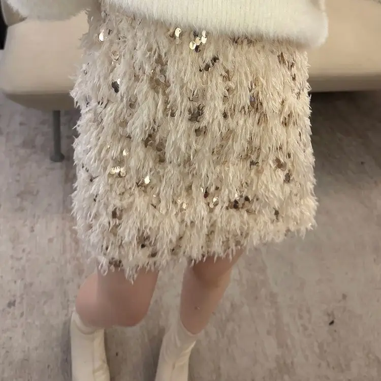 Gentle Apricot Sequins Feathers Small Fragrant Short Skirt Women 2026 Design Temperament