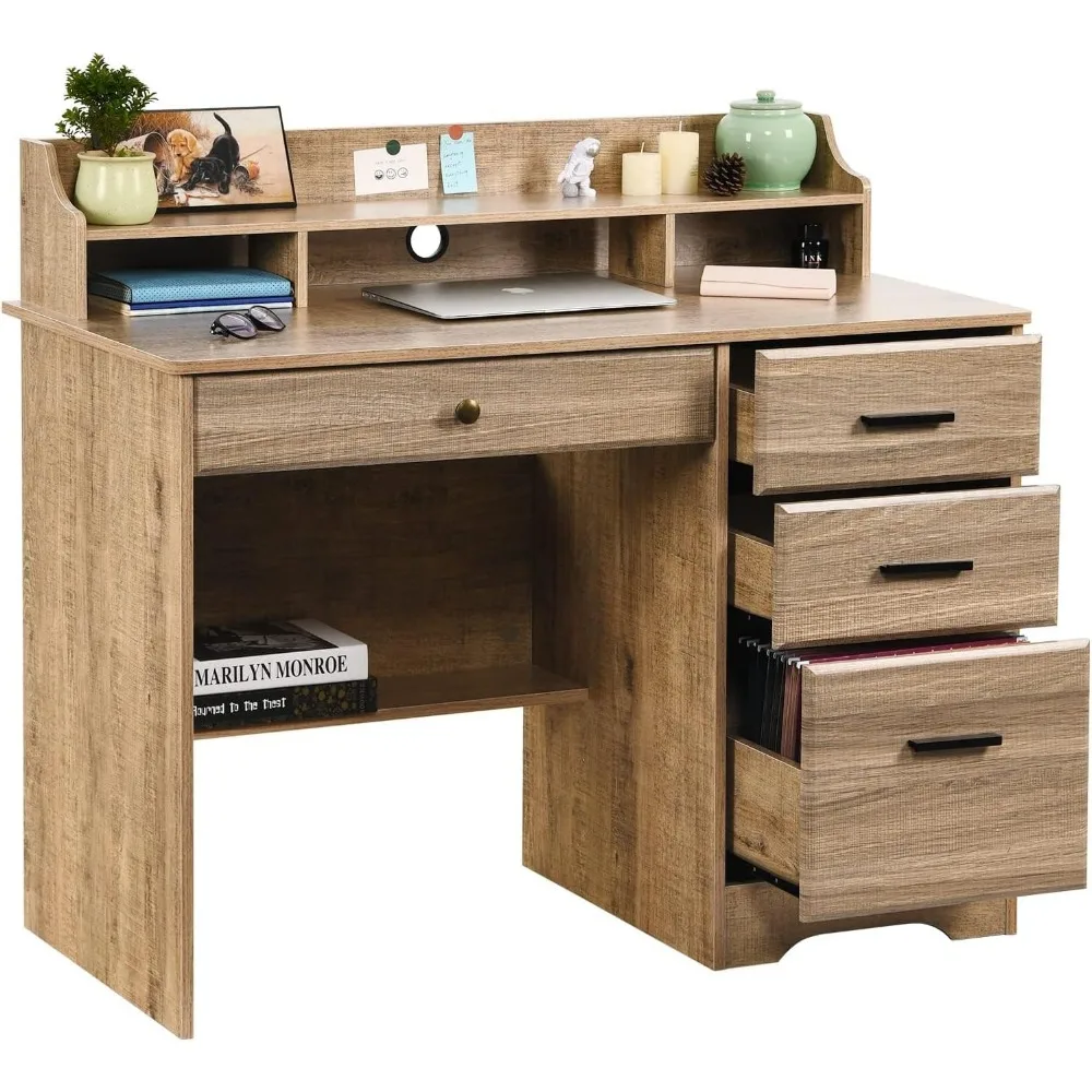 Computer Desk with 4 Drawers and Storage, Small Office Desk with File Drawers and Hutch, Farmhouse Wood Writing Student Table fo
