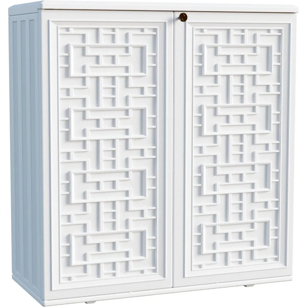 Indoor Outdoor Storage Cabinet Waterproof with Shelf, Off White Plastic Outdoor Cabinets for Patio