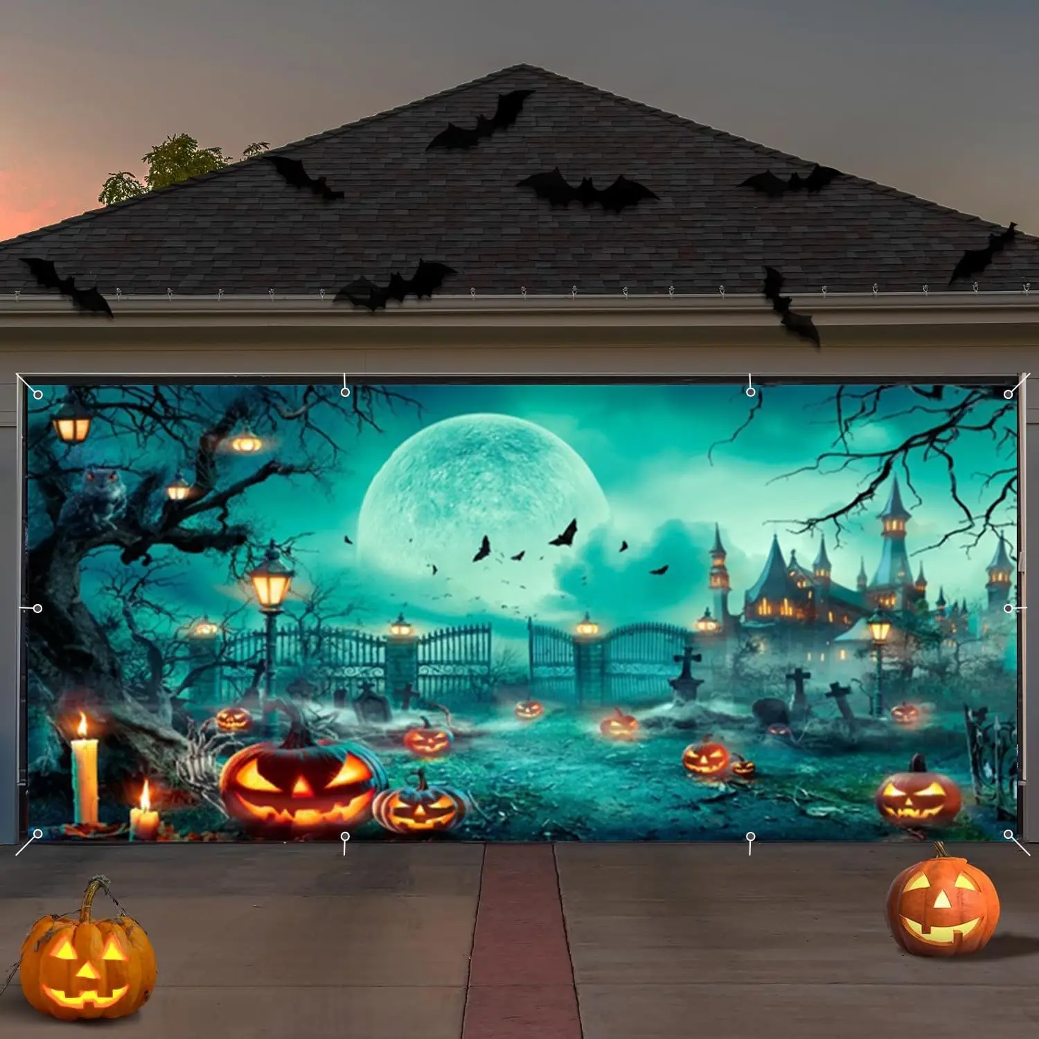 

Halloween Garage Door Cover Night Full Moon Terrible Pumpkins Large Hanging Backdrop Banner for Garage Door Decor Outdoor Party