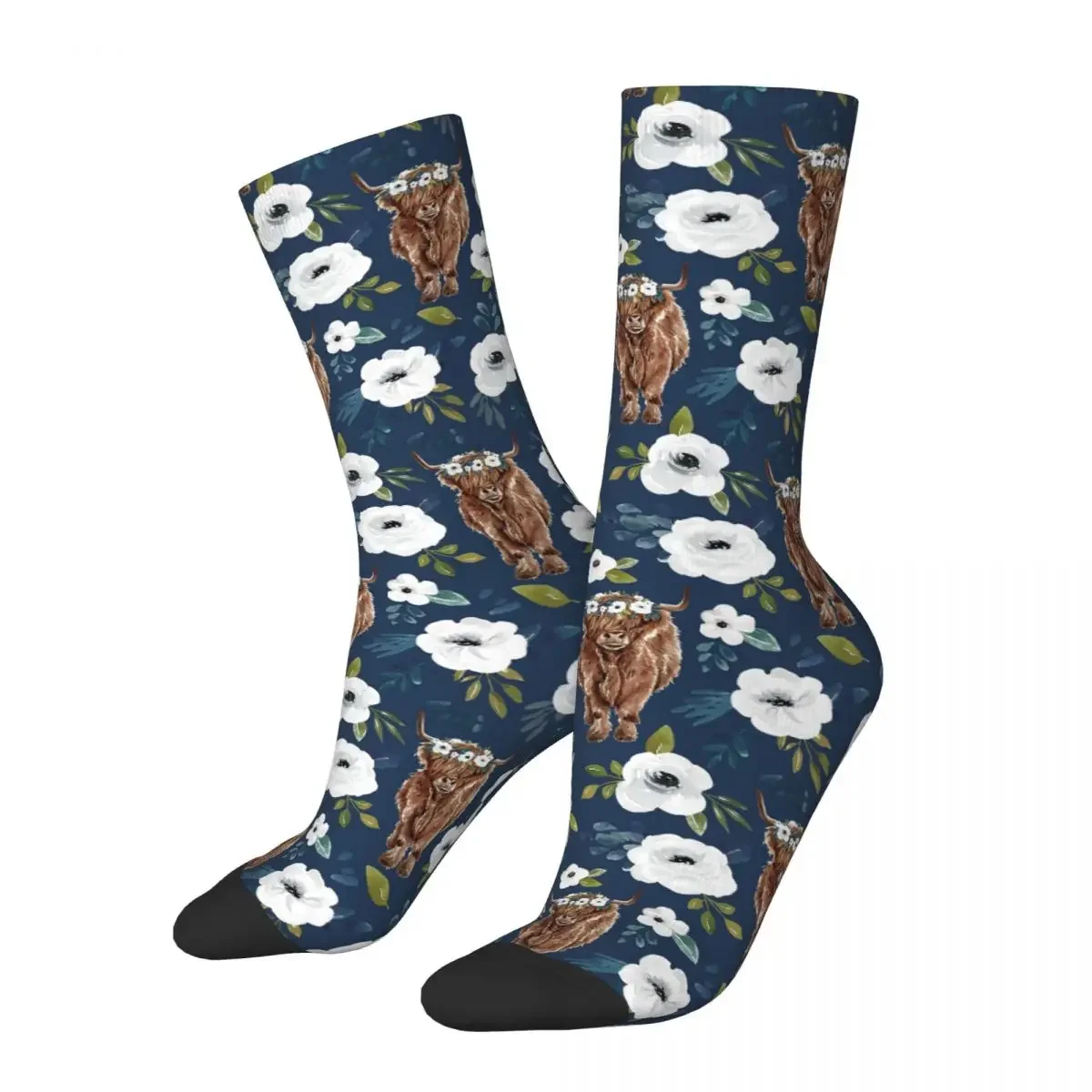 Highland Cow Floral , Watercolor Floral, Cow Art, Farm Animals Socks Harajuku Stockings All Season Long Socks Accessories Unisex