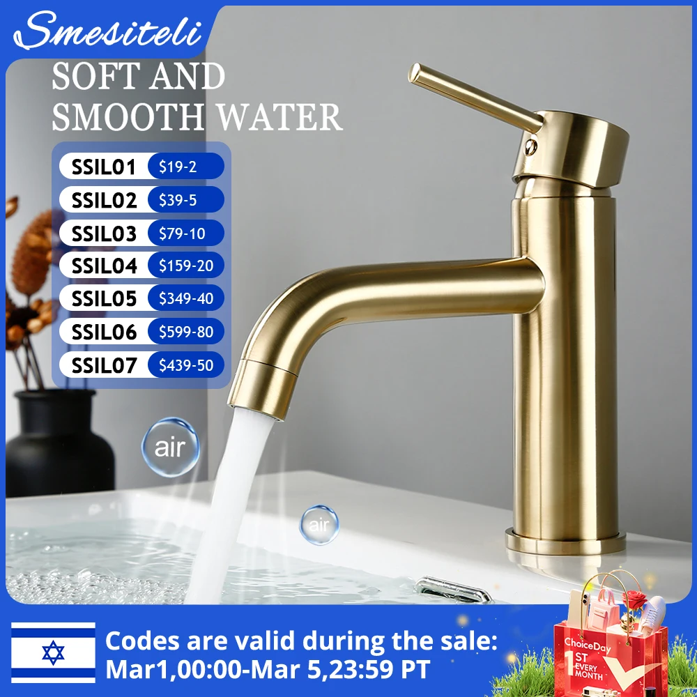 Robinet de lavabo en or brossé en laiton massif eau chaude et froide mitigeur évier robinet robinets de salle de bain montés sur le pont