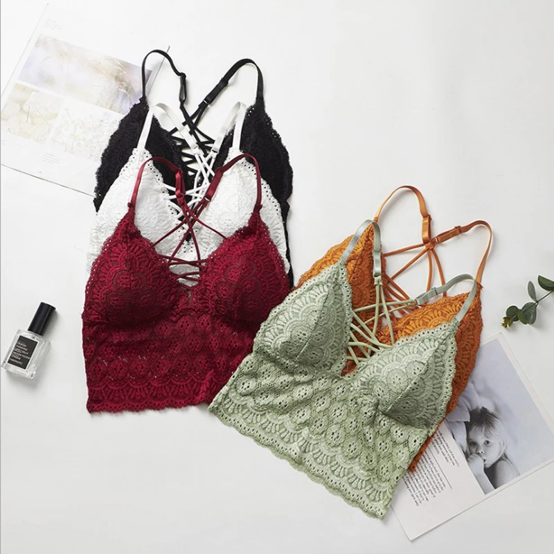 Sexy Lace Tube Tops Women Floral Embroidered Bralette Cropped Top Seamless Deep V Lingerie Push Up Bra Bandeau Top Camis