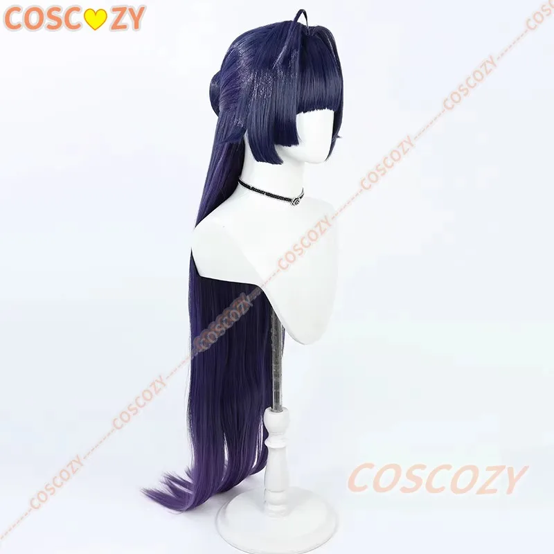 Wig Cosplay Raiden Mei dengan Roti Honkai Impact 3rd Raiden Mei 80Cm Wig Gradien Ungu Rambut Sintetis Tahan Panas + Topi Wig