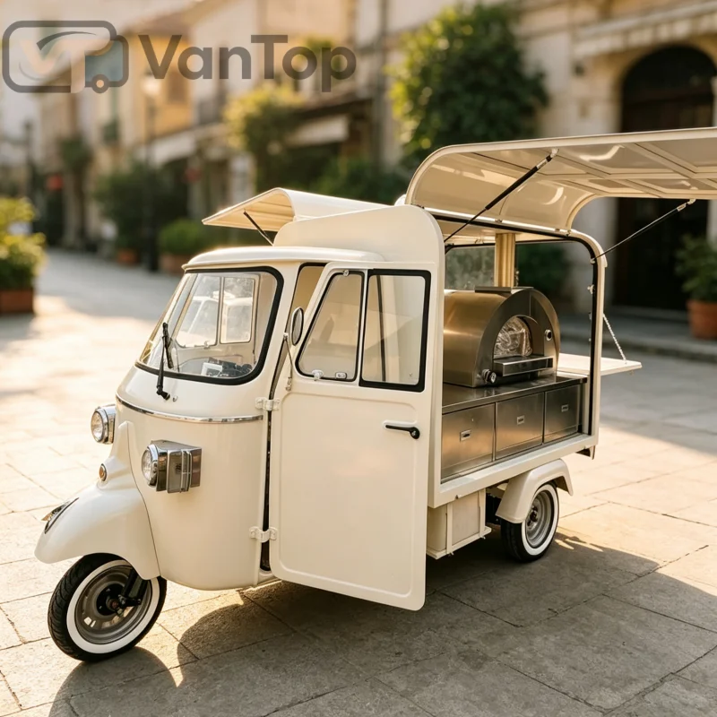 Retro Ape Electric Food Tricycle Mobile Pizza Oven Cart 3 Wheeler Street Fast Food Vending Truck Outdoor Coffee
