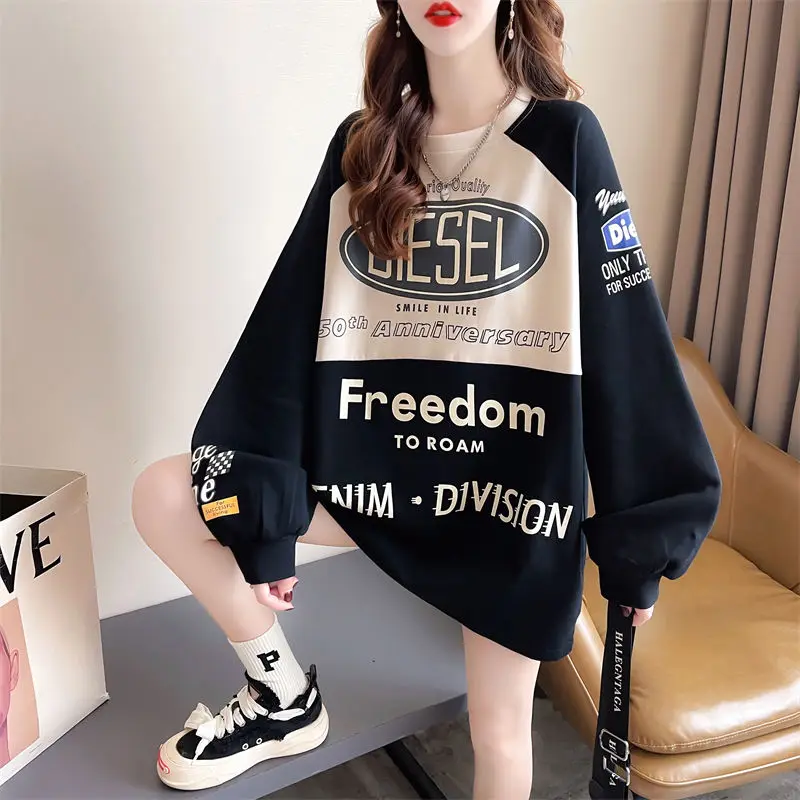 Autumn and Winter Women\'s Patchwork Letter Contrast Round Neck Long Sleeve Loose Pullover Sweater Fashion Casual Formal Tops