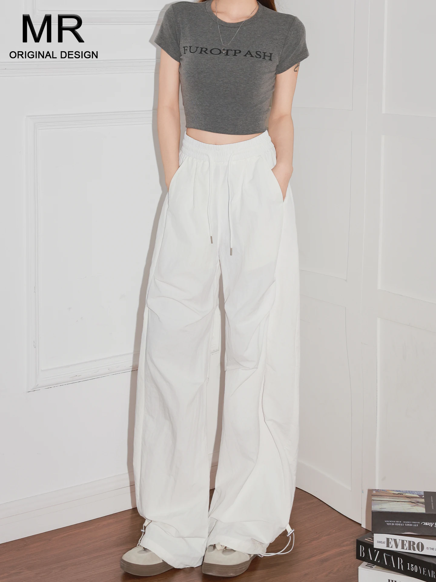 American Workwear Style High Waist Drawstring Wide Leg Casual Pants Women's Summer Loose Slimming Straight Leg Trousers