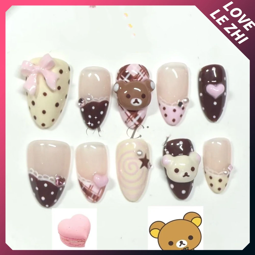 10Pcs Cartoon Kawaii Anime Rilakkuma Handmade Full Cover Nails Strawberry Bowknot Diamond Stars Chocolate Wings Press On Nails view 4