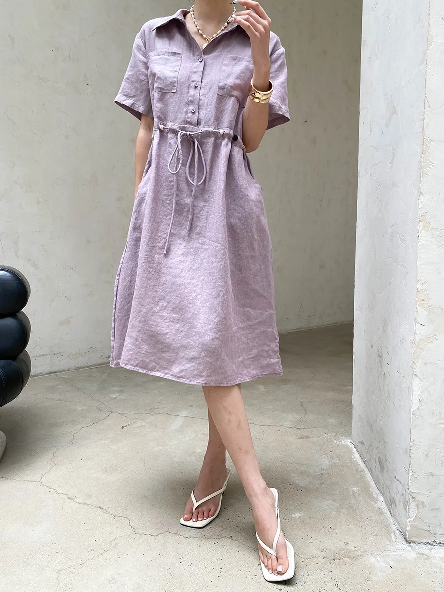 Sommerliches Damen-Freizeitkleid in Uni-Farbe mit Perlenbesatz, Kordelzug und tailliertem Schnitt – Detail 9