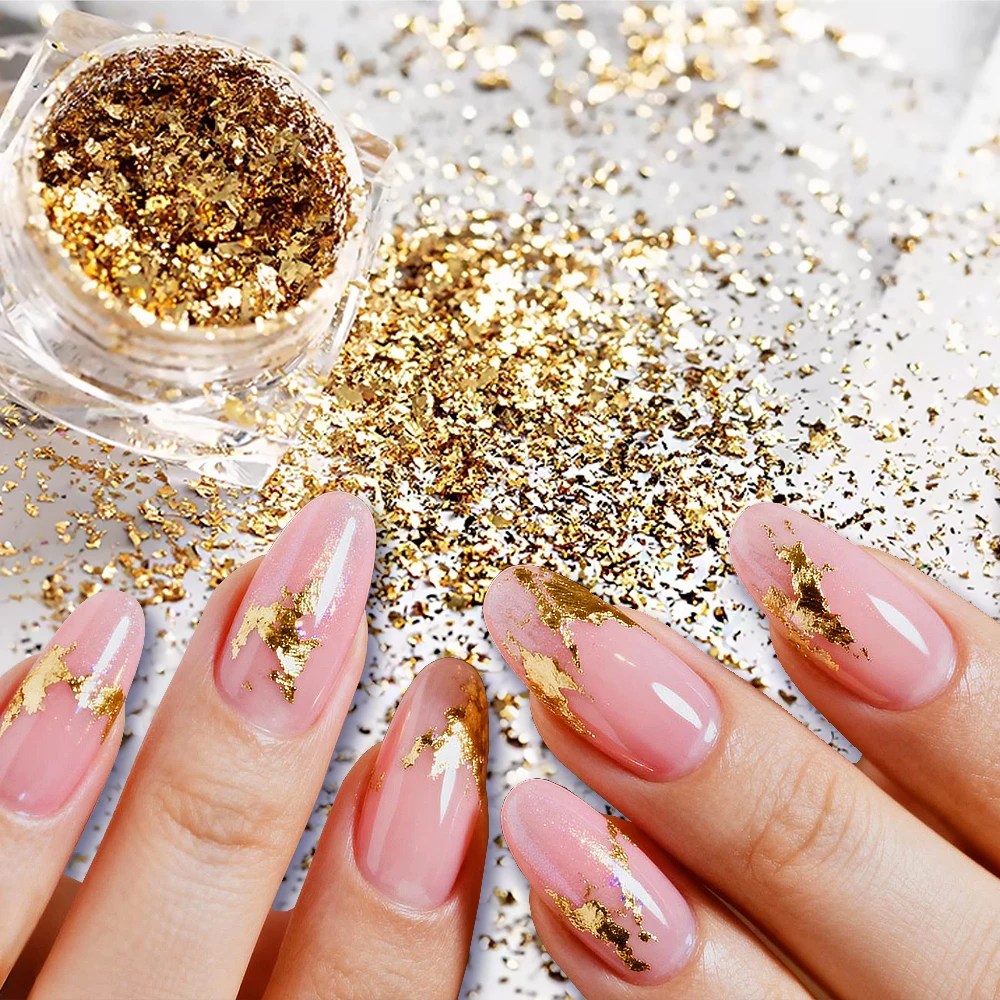 1jar Gold Leaf Fragments Nail Glitter Aurora Shiny Ultra-Thin Flakes For Nail Decoration Holographic Pink Yellow Sparkles Manicu