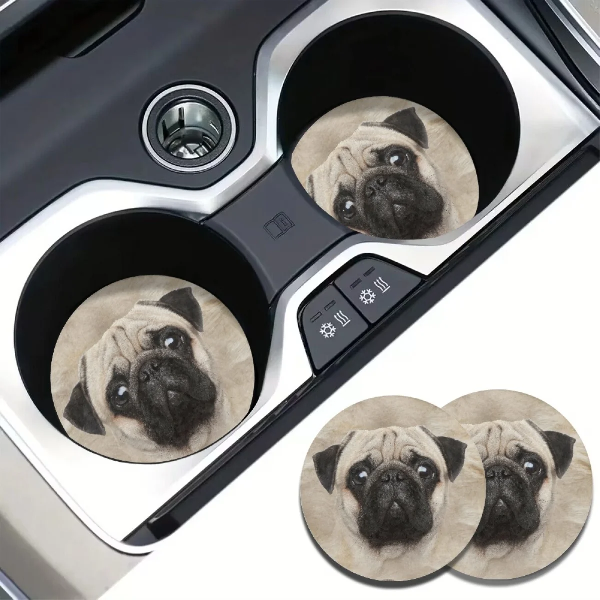 Kawaii White Pug Pattern Water Coaster for Car High Quality Washable Auto Mat Brand Design Interesting Anti-dirt 2pcs Cup Pad