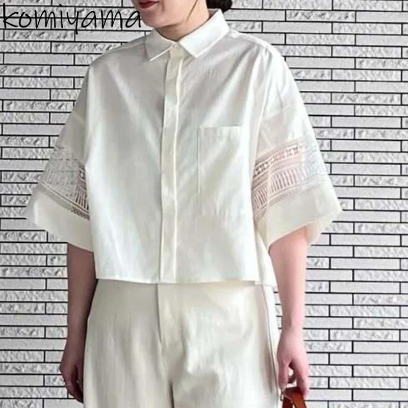 

Laple Neck Blusas Mujer Hollow Out Short Sleeve Woman 2025 Shirts Blouses Japan Eleganrt Ropa Fashion Loose Clothing Camisas
