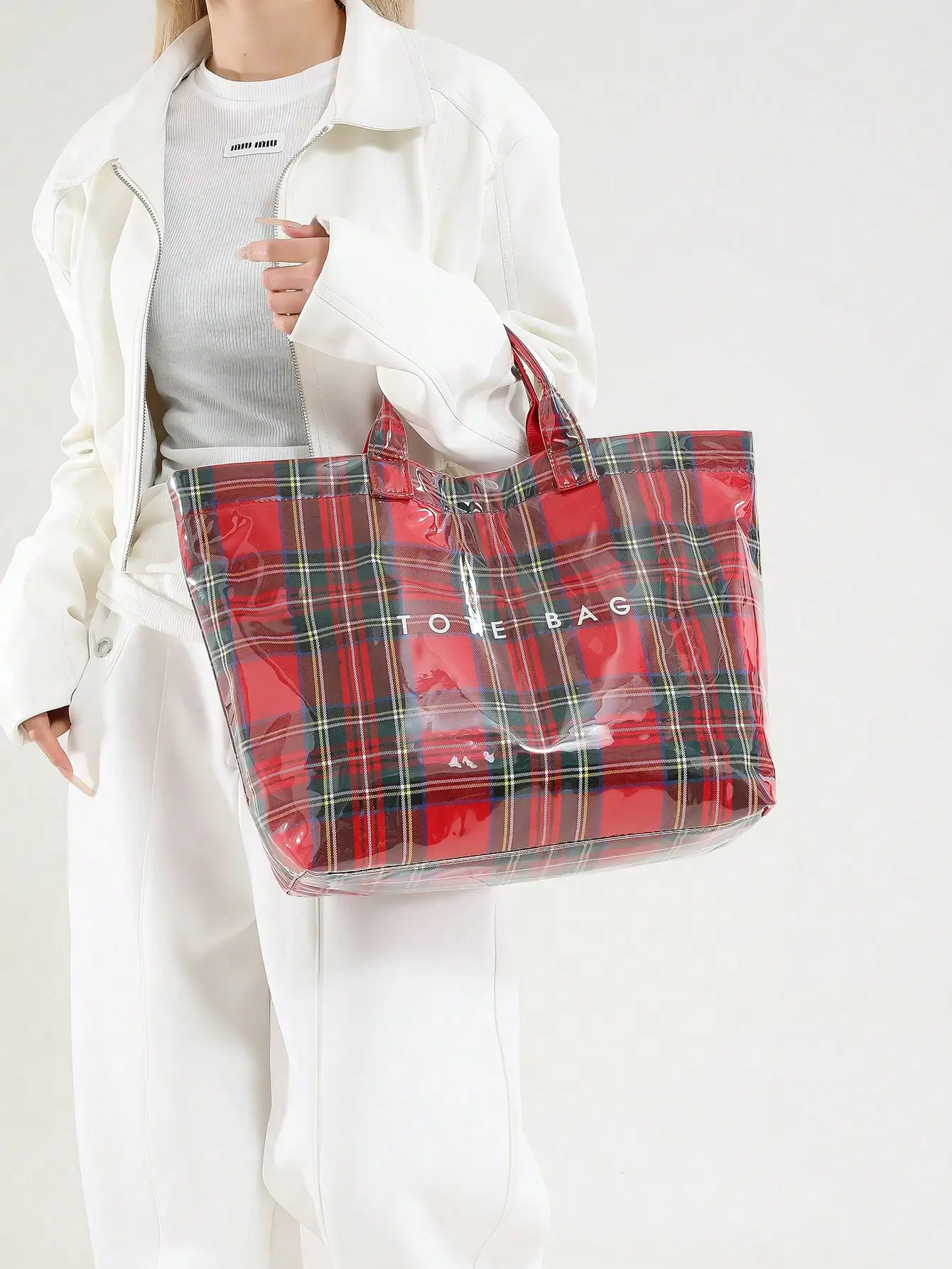 حقيبة حمل أنيقة ذات سعة كبيرة على طراز Preppy - ورق كرافت PVC وخفيف الوزن مع إغلاق بخطاف وحلقة للأزياء النسائية