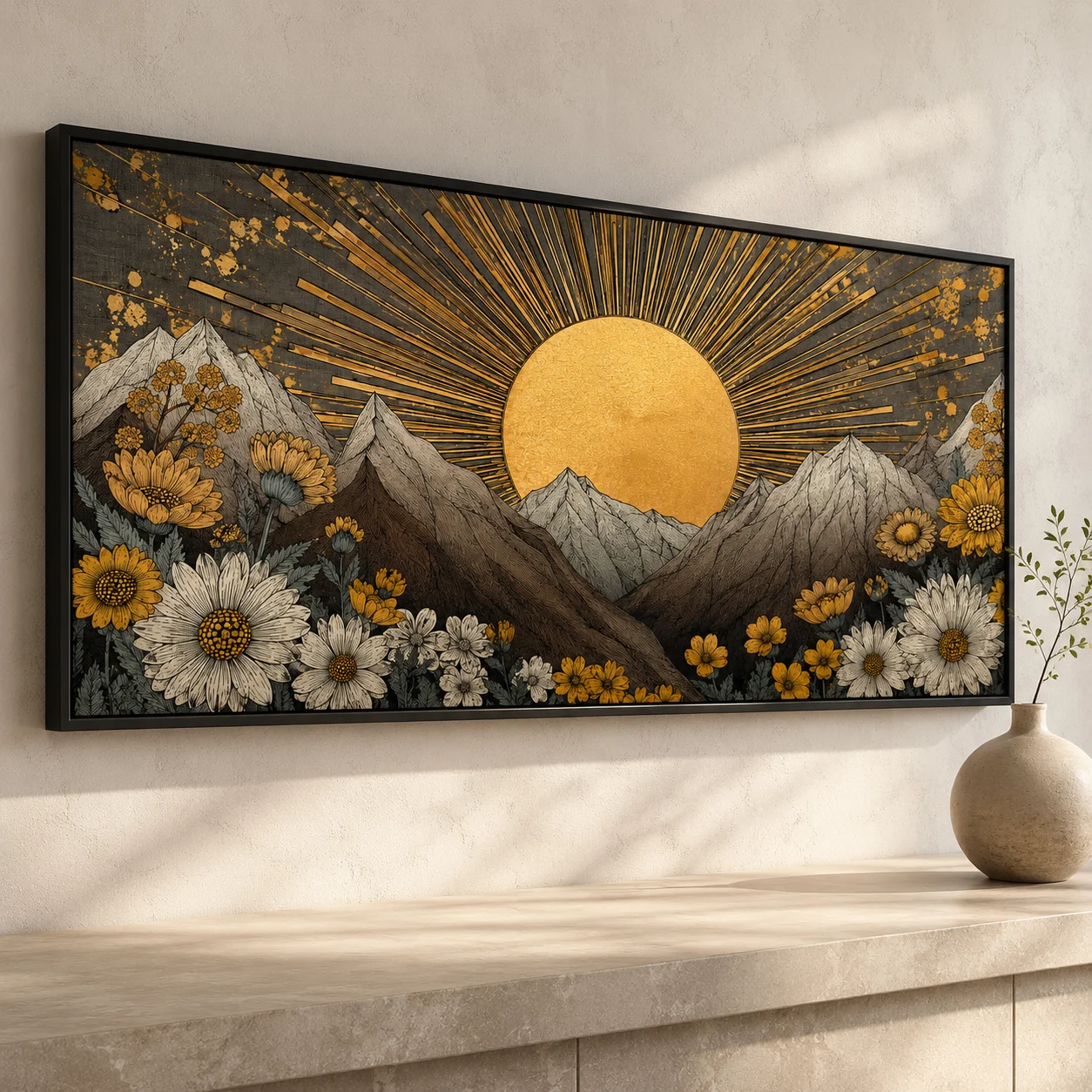 Boho Sun Mountain Canvas Wall Art, Golden Rays Wild Daisy Floral Landscape Print, Retro Western Large Living Room Home Decor