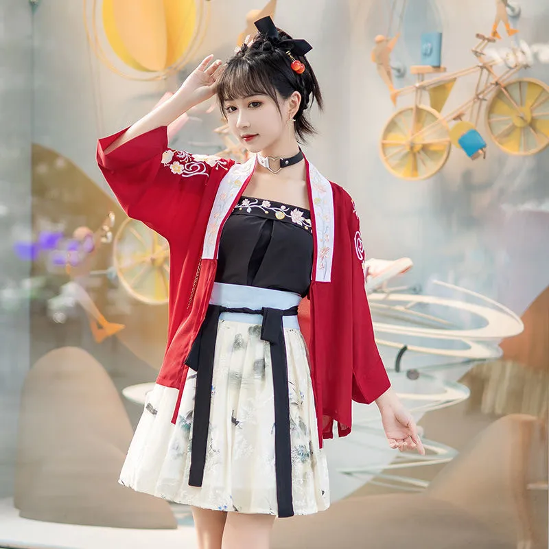 

Summer Women Chinese Traditional Hanfu Vintage Embroidery Fairy Princess Performance Dance Costume Tops Skirts Outfit