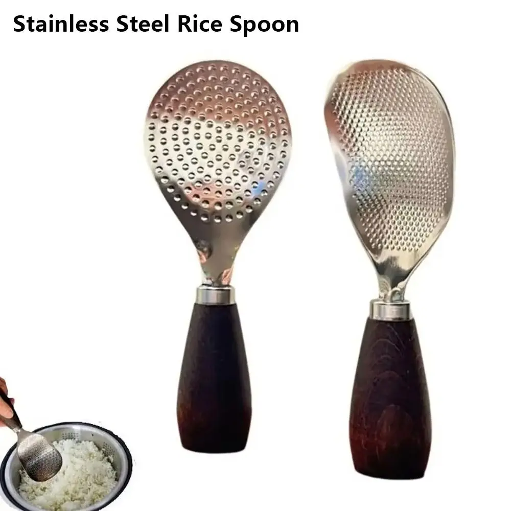 1Pcs Stainless Steel Rice Spoon Nonstick Zebrawood Wooden Handle Rice Spatula Standable Anti-scalding Rice Scooper