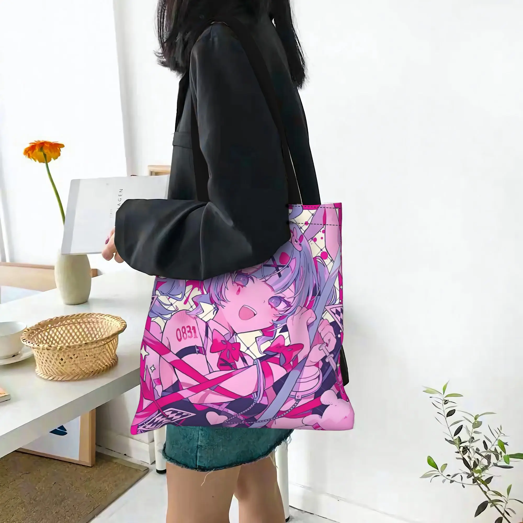 Customized Hatsune Miku Cartoon Singer Women's Bag Shopping Bag Reusable Double Sided Canvas Tote Bag Shoulder  Handbag