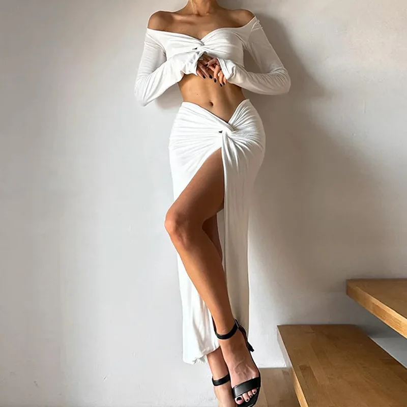 Summer New Long-sleeved V-neck Suit Female Sexy Tight High-waisted Split Skirt Two-piece Set for Women