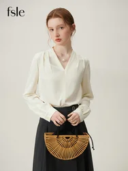FSLE Office Lady Solid Temperament  Long Sleeve Shirts V-Neck Commuter Spring Blouse Pleated Design Women Tops 24FS11358