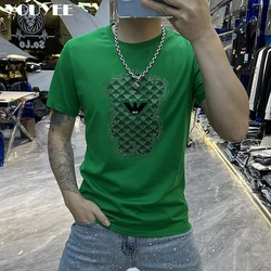 Summer New Short Sleeved T-shirt Male Bear Hot Rhinestone Sports Trend Fashion Casual Versatile Slim Solid Color Men's Clothing