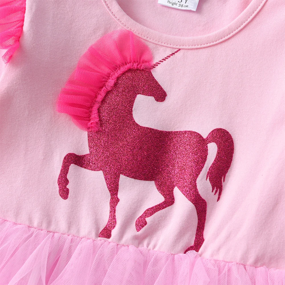 VIKITA-Vestido de manga larga para niñas, ropa de dibujos animados de unicornio, malla en capas, tul, Princesa, fiesta de cumpleaños